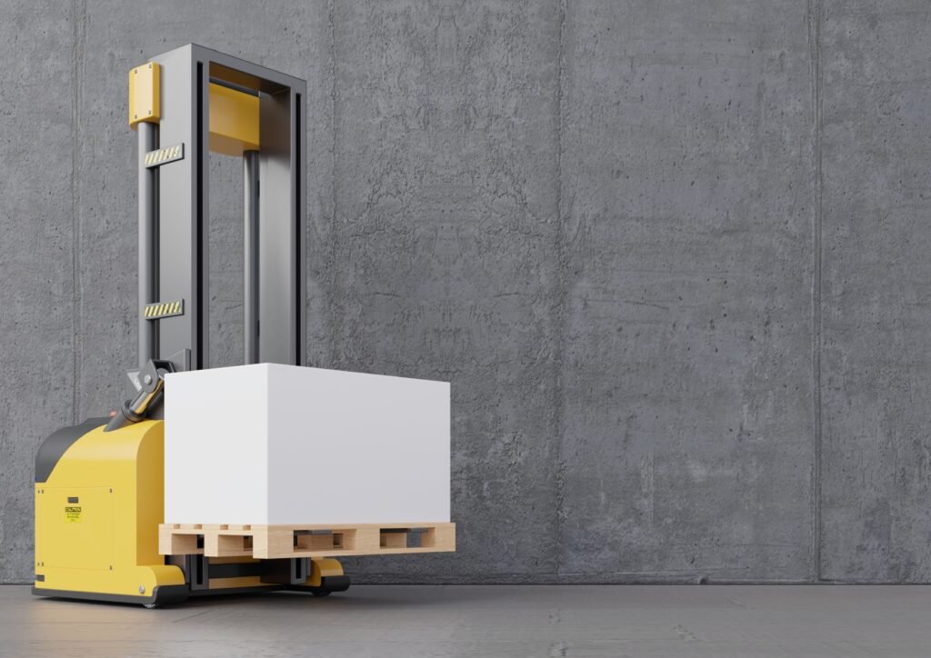 AGV Forklift transporting on a concrete wall and flooring,3d Rendering